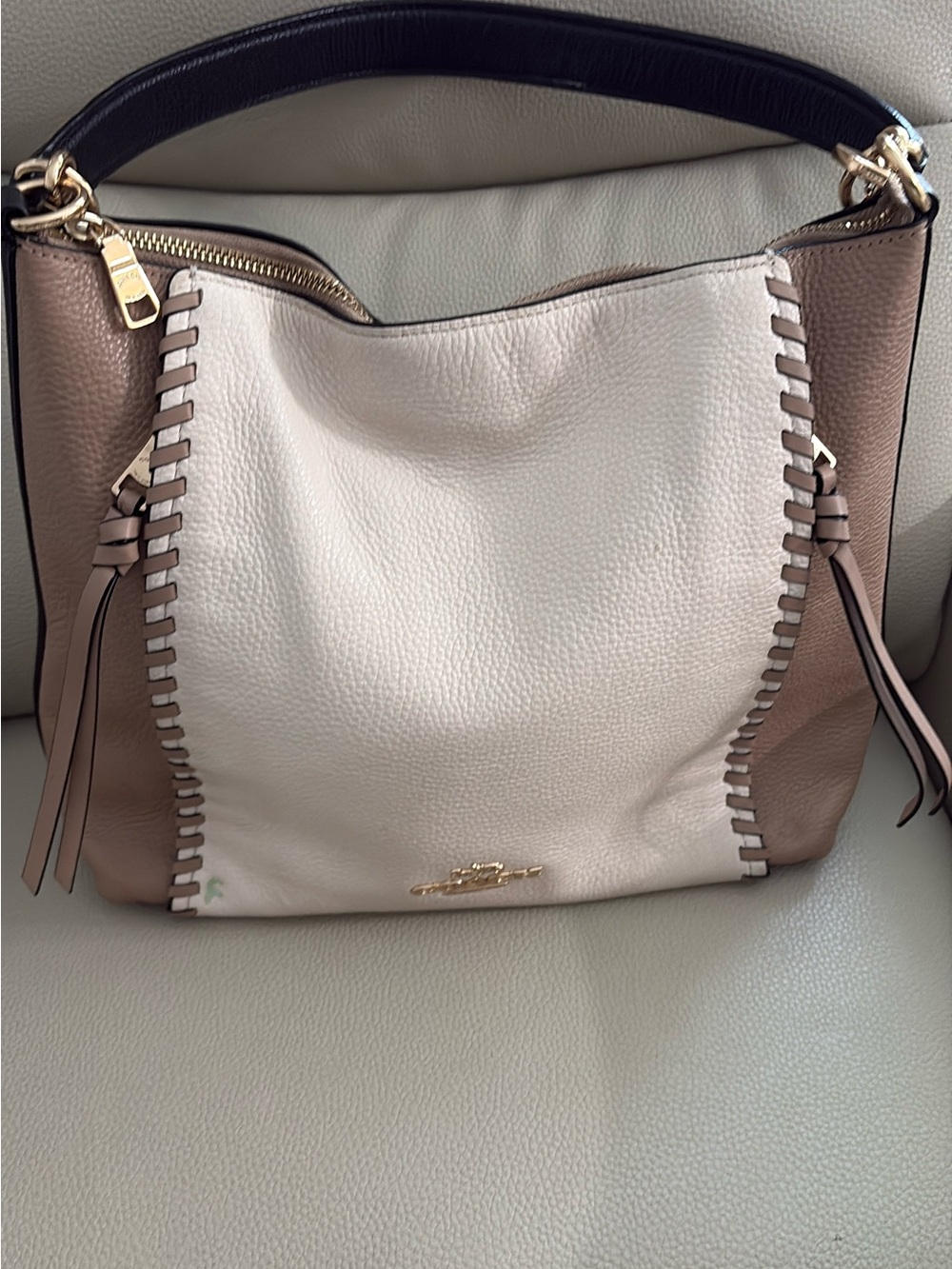 Coach Two-Tone Pebbled Leather Shoulder Bag in Cream and Taupe